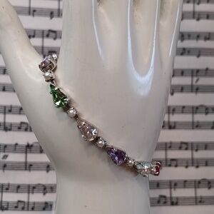 B David Silver Tone Multi Color Tear Drop Tennis Bracelet 7" Long Vintage